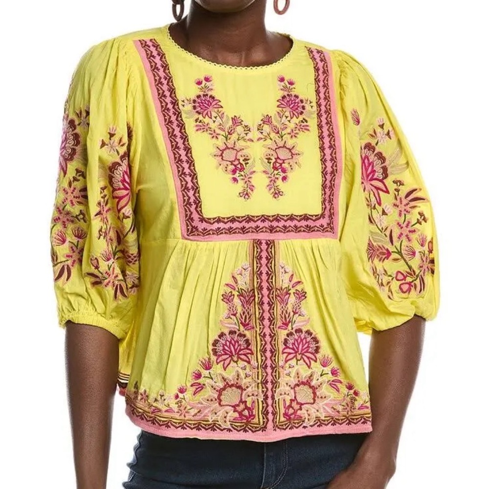 Farm Rio Yellow Garden Tapestry Embroidered Blouse size XS VERY GOOD CONDITION!
